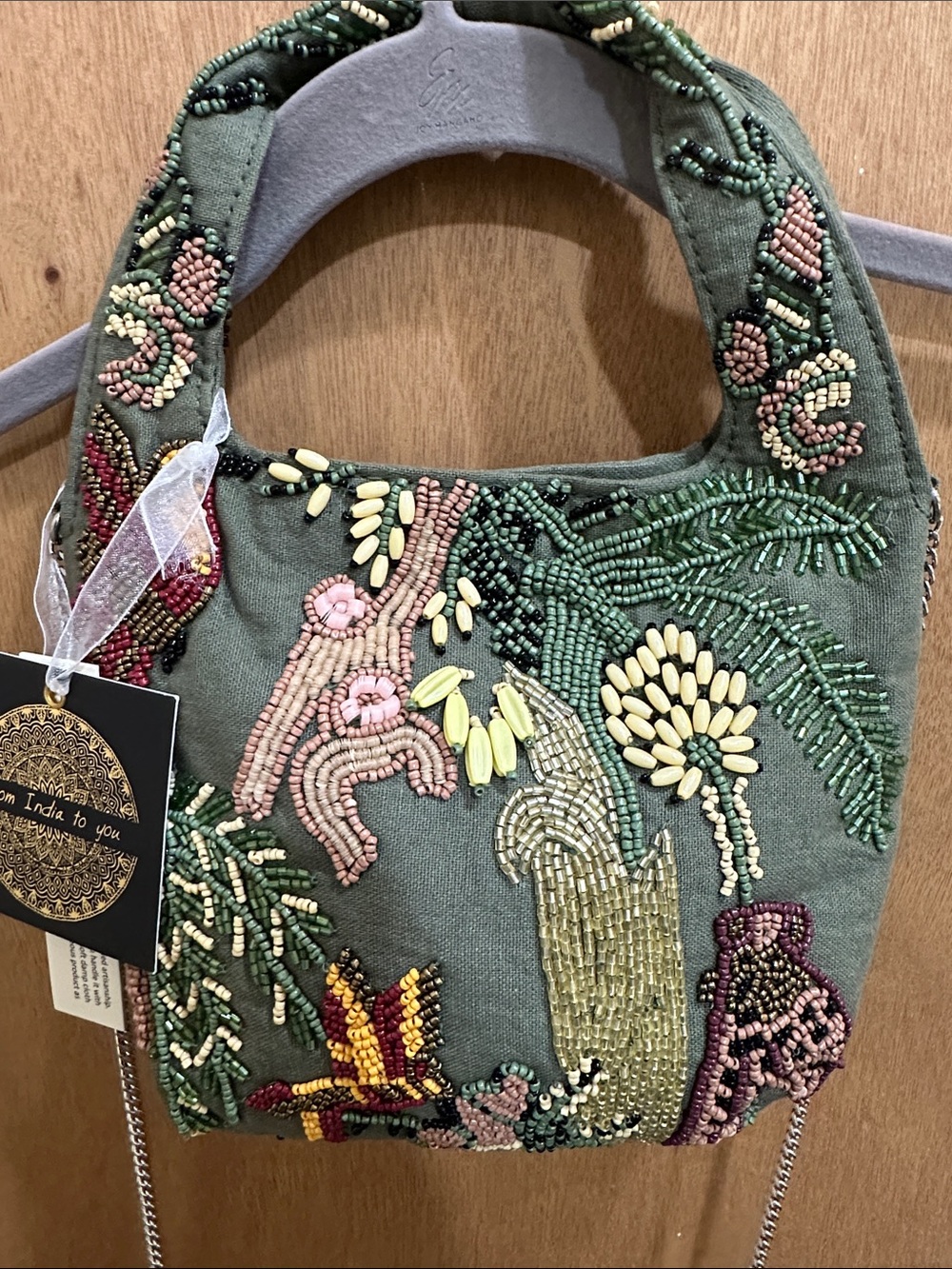 From India to You Embroidered Beaded Mini Bag in Green - Handmade Accent Purse